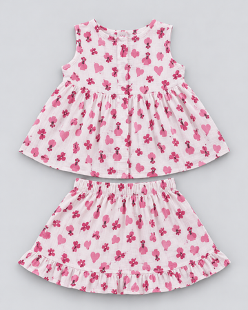 Girls’ White & Pink Floral Co-Ord Set – Bow Top & Ruffle Skirt