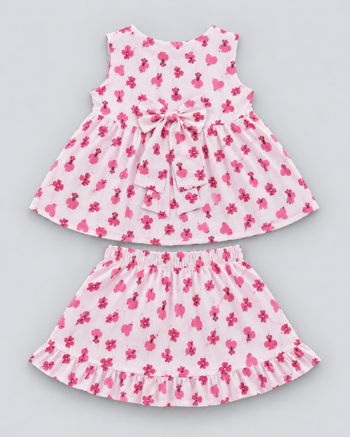 Girls’ White & Pink Floral Co-Ord Set – Bow Top & Ruffle Skirt