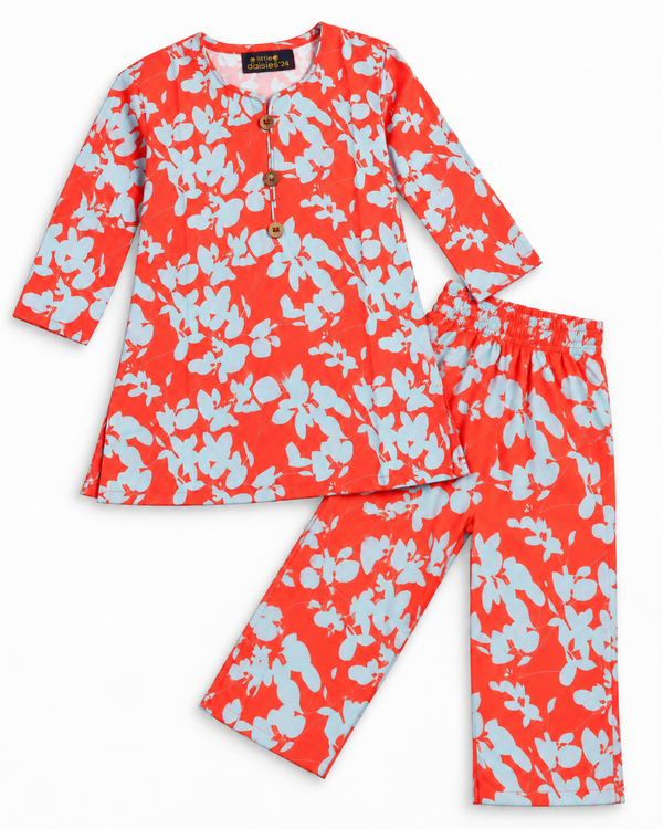 Girls’ Coral  Red & Sky Blue Floral Printed 2-Piece Co-Ord Set