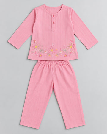 Girls’ Pink Floral Embroidered Co-Ord Set – Top & Trousers